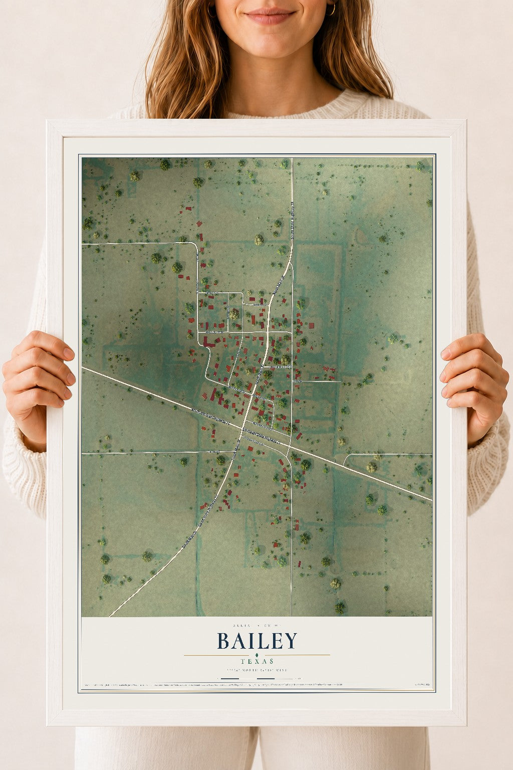 Map of Bailey, Texas, 18 x 24 inch print in a white wood frame