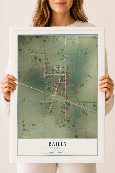 Map of Bailey, Texas, 18 x 24 inch print in a white wood frame
