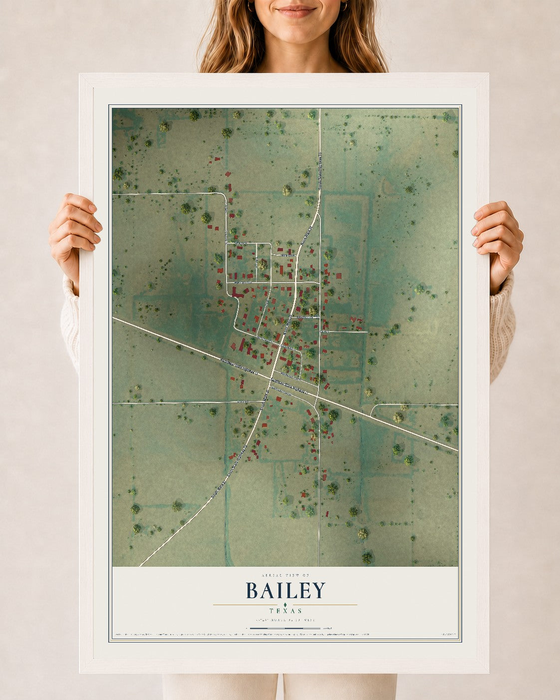 Map of Bailey, Texas, 24 x 36 inch print in a white wood frame