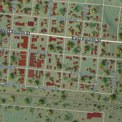 Close-up of the map of Baird, Texas print showing street and building detail