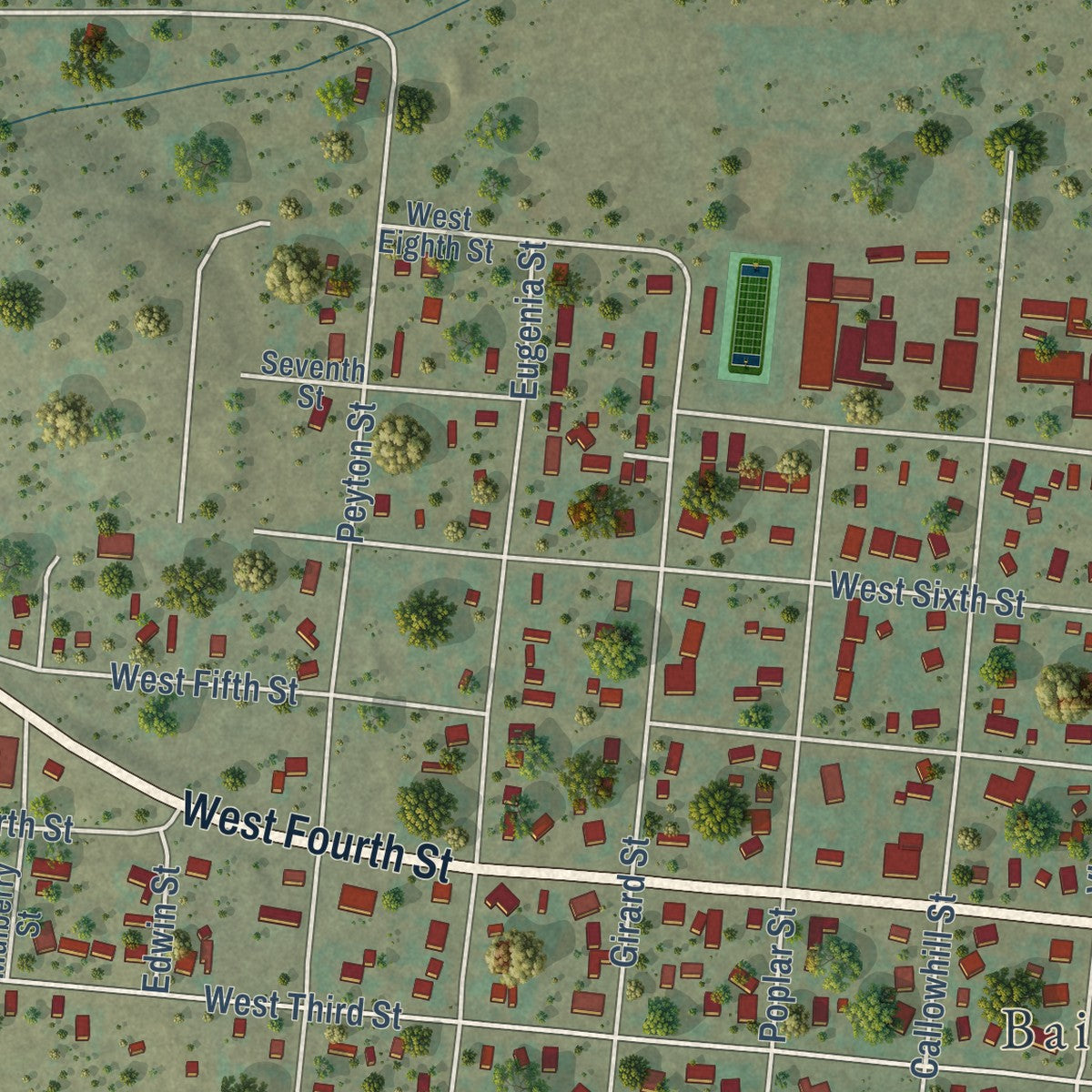 Second close-up of the map of Baird, Texas print showing more streets and buildings