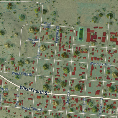 Second close-up of the map of Baird, Texas print showing more streets and buildings