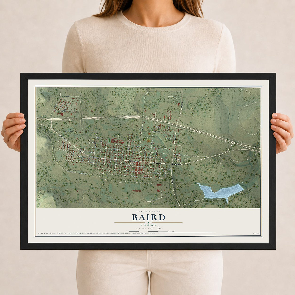 Map of Baird, Texas, 12 x 18 inch print in a black wood frame