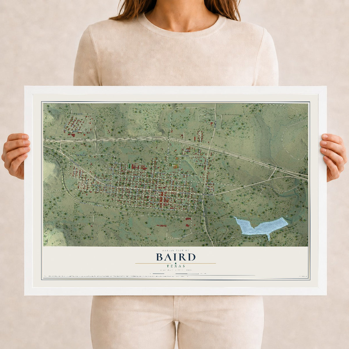Map of Baird, Texas, 12 x 18 inch print in a white wood frame