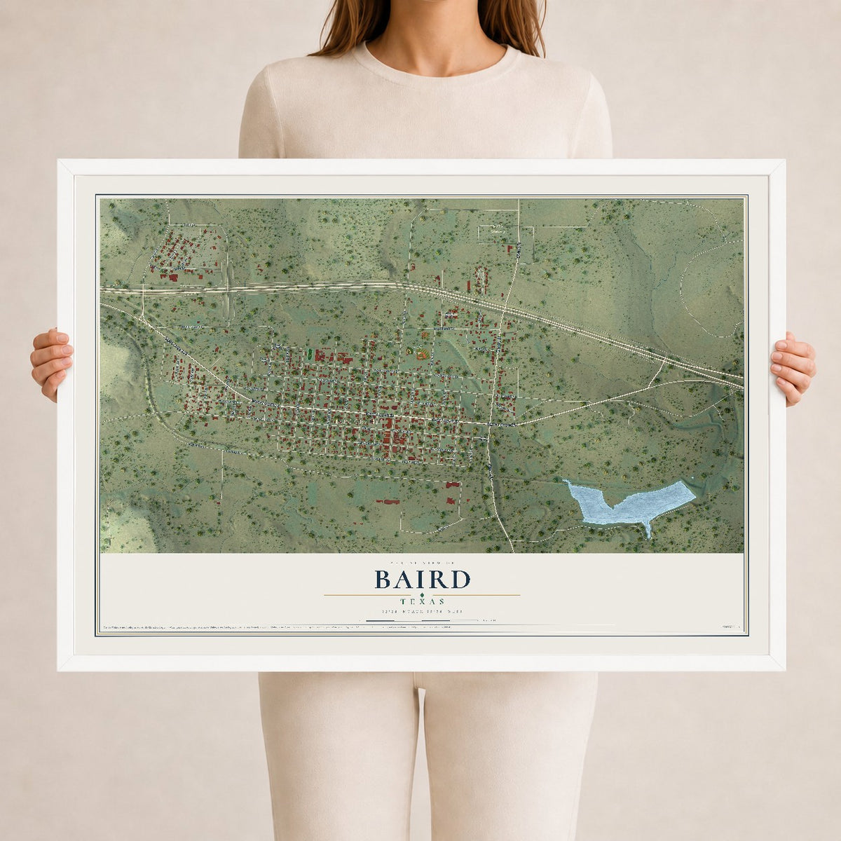 Map of Baird, Texas, 24 x 36 inch print in a white wood frame