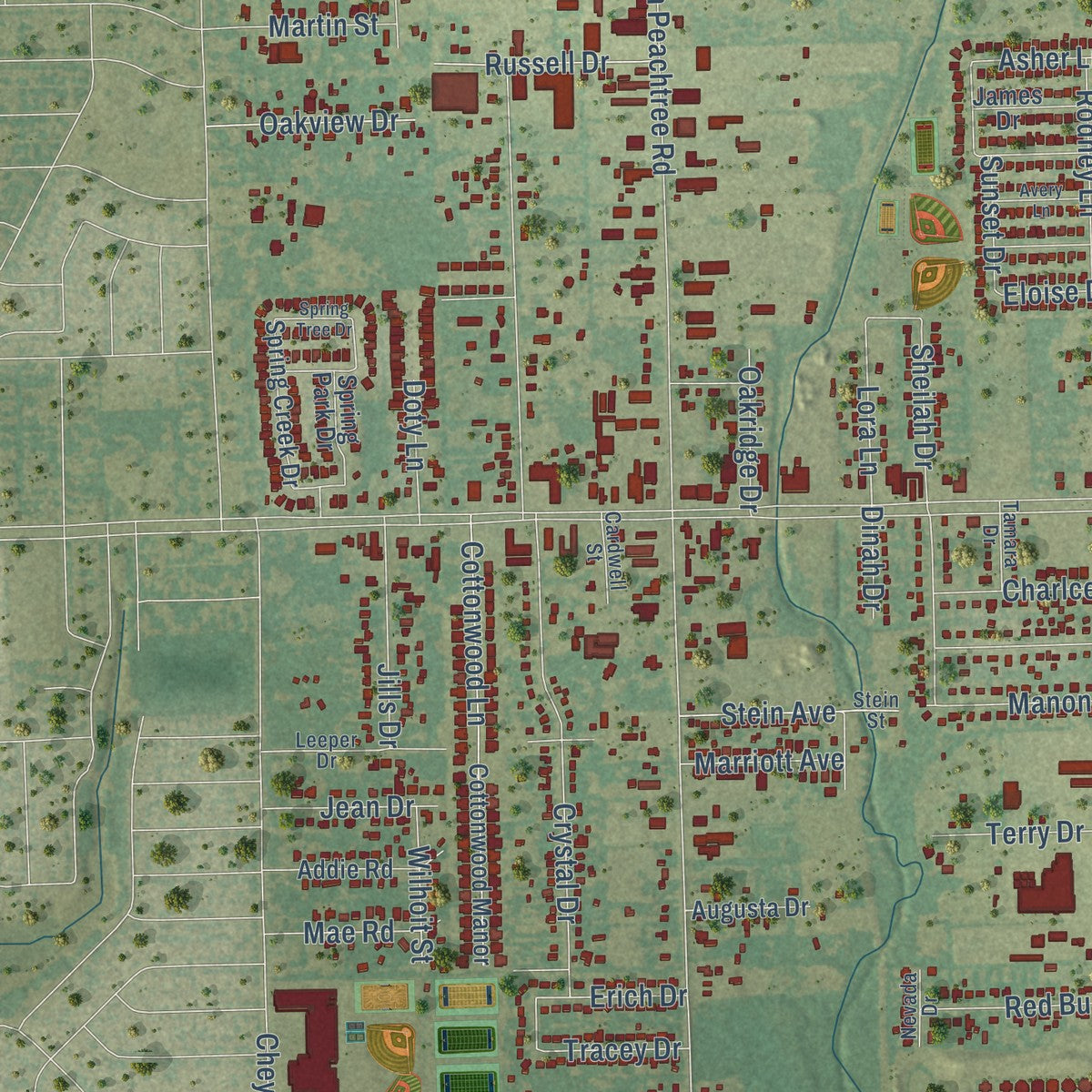 Second close-up of the map of Balch Springs, Texas print showing more streets and buildings