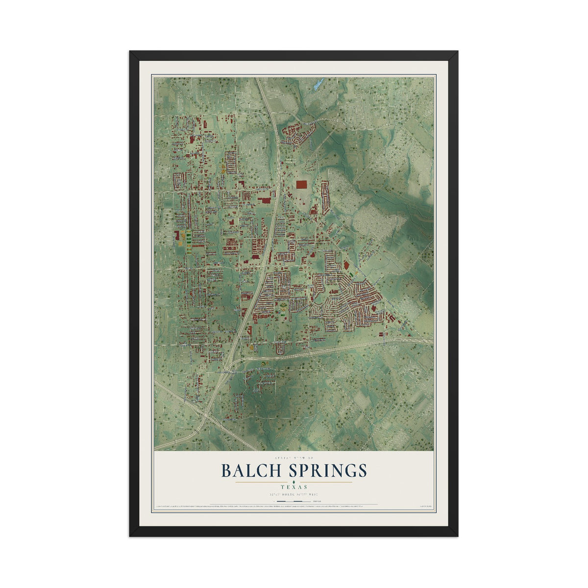 Map of Balch Springs, Texas, 12 x 18 inch print in a black wood frame