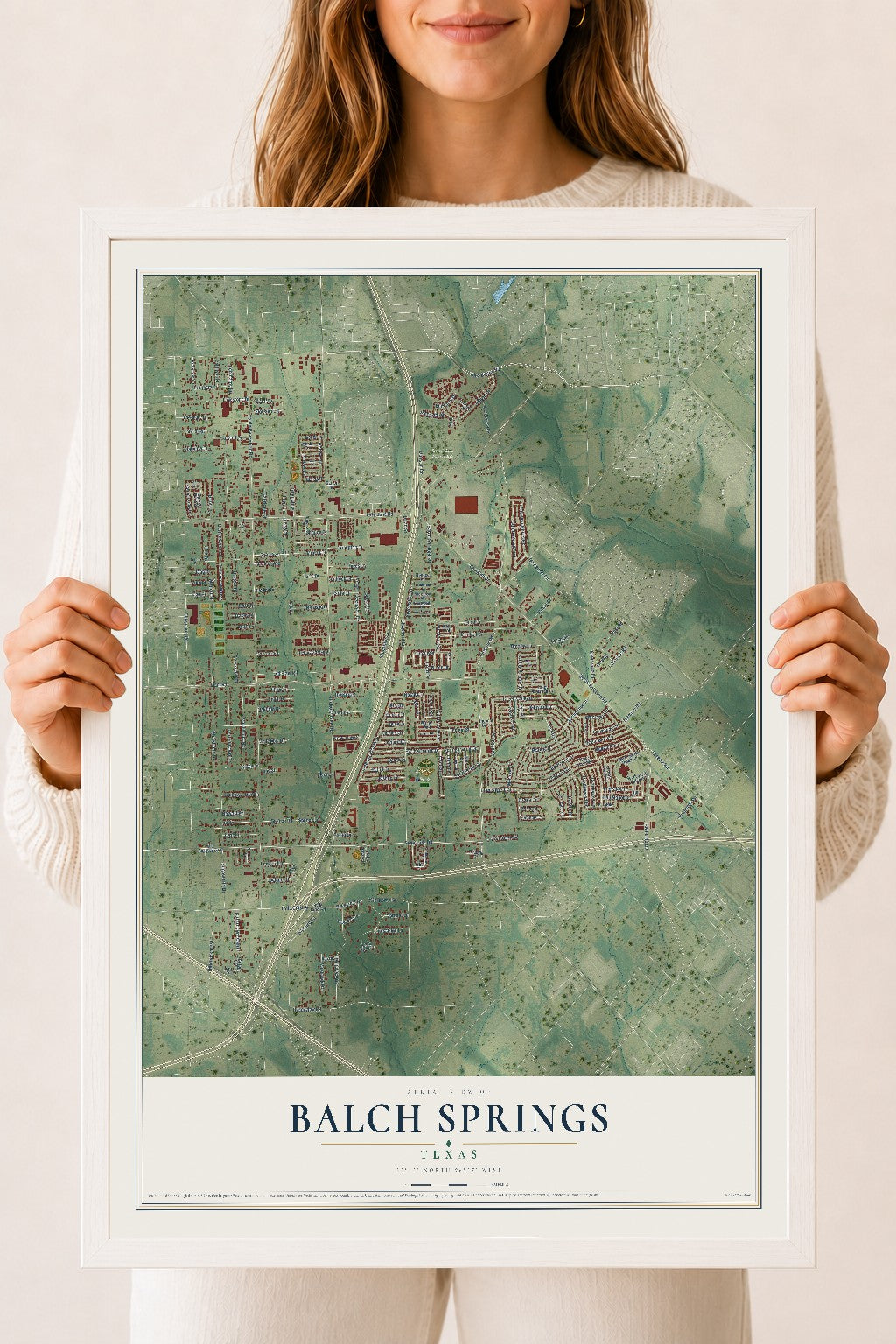 Map of Balch Springs, Texas, 18 x 24 inch print in a white wood frame