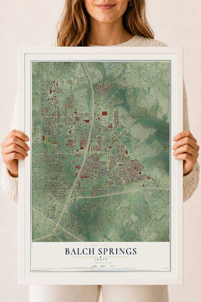 Map of Balch Springs, Texas, 18 x 24 inch print in a white wood frame