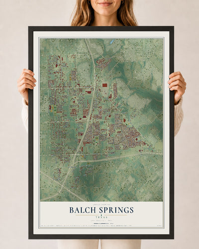 Map of Balch Springs, Texas, 24 x 36 inch print in a black wood frame