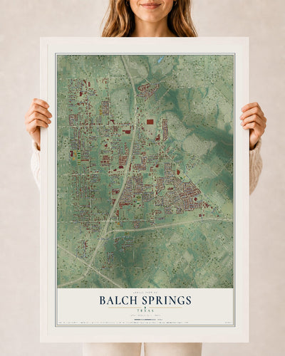 Map of Balch Springs, Texas, 24 x 36 inch print in a white wood frame