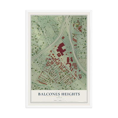 Map of Balcones Heights, Texas, 12 x 18 inch print in a white wood frame
