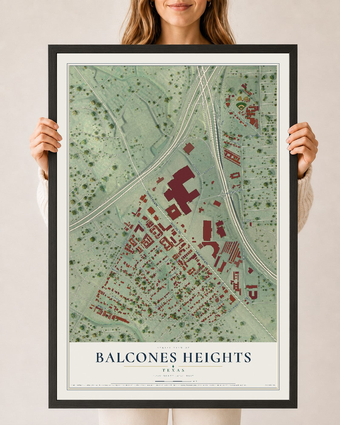 Map of Balcones Heights, Texas, 24 x 36 inch print in a black wood frame
