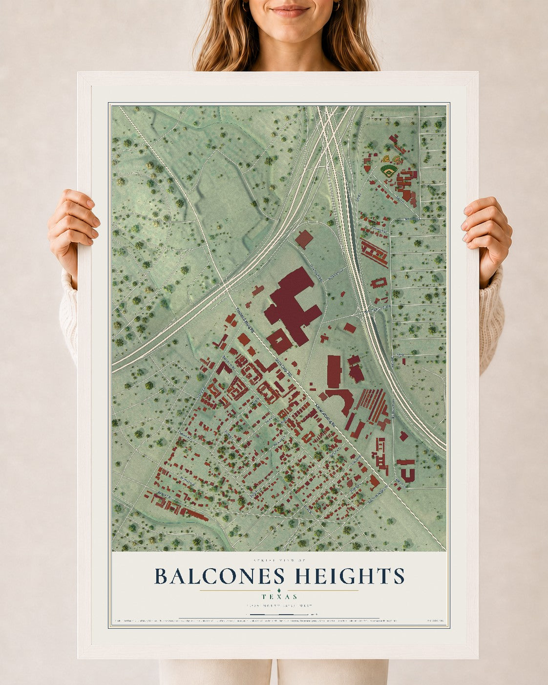 Map of Balcones Heights, Texas, 24 x 36 inch print in a white wood frame