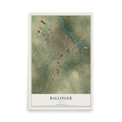 Map of Ballinger, Texas, 12 x 18 inch unframed archival matte print
