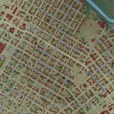 Close-up of the map of Ballinger, Texas print showing street and building detail