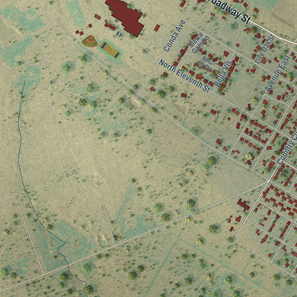 Second close-up of the map of Ballinger, Texas print showing more streets and buildings