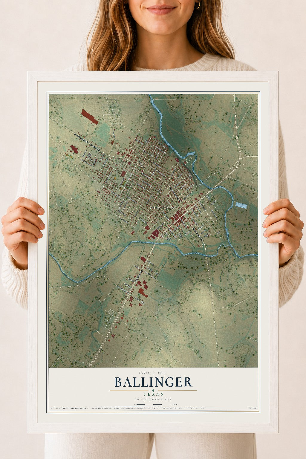 Map of Ballinger, Texas, 18 x 24 inch print in a white wood frame