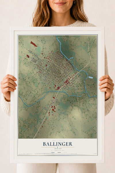Map of Ballinger, Texas, 18 x 24 inch print in a white wood frame