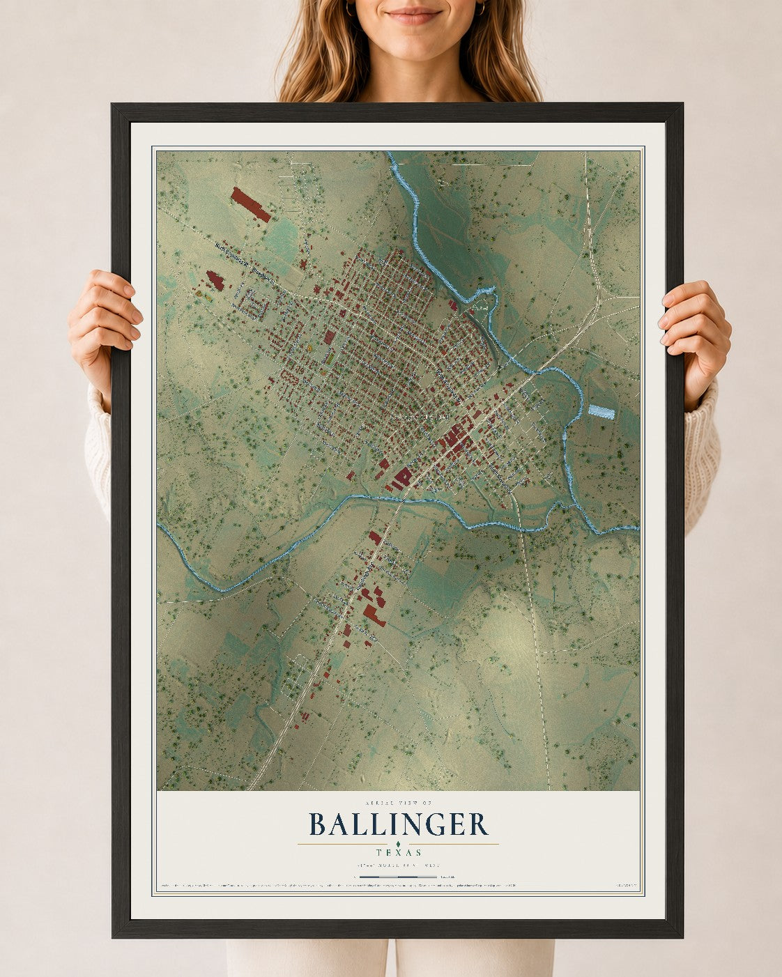 Map of Ballinger, Texas, 24 x 36 inch print in a black wood frame