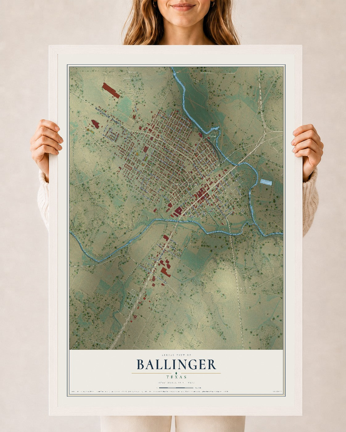 Map of Ballinger, Texas, 24 x 36 inch print in a white wood frame