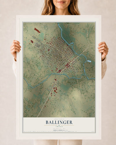 Map of Ballinger, Texas, 24 x 36 inch print in a white wood frame