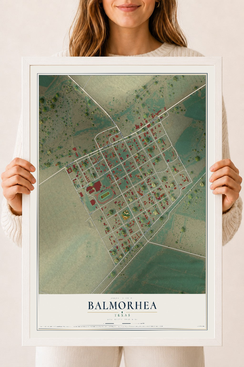 Map of Balmorhea, Texas, 18 x 24 inch print in a white wood frame