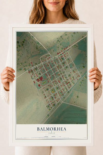 Map of Balmorhea, Texas, 18 x 24 inch print in a white wood frame