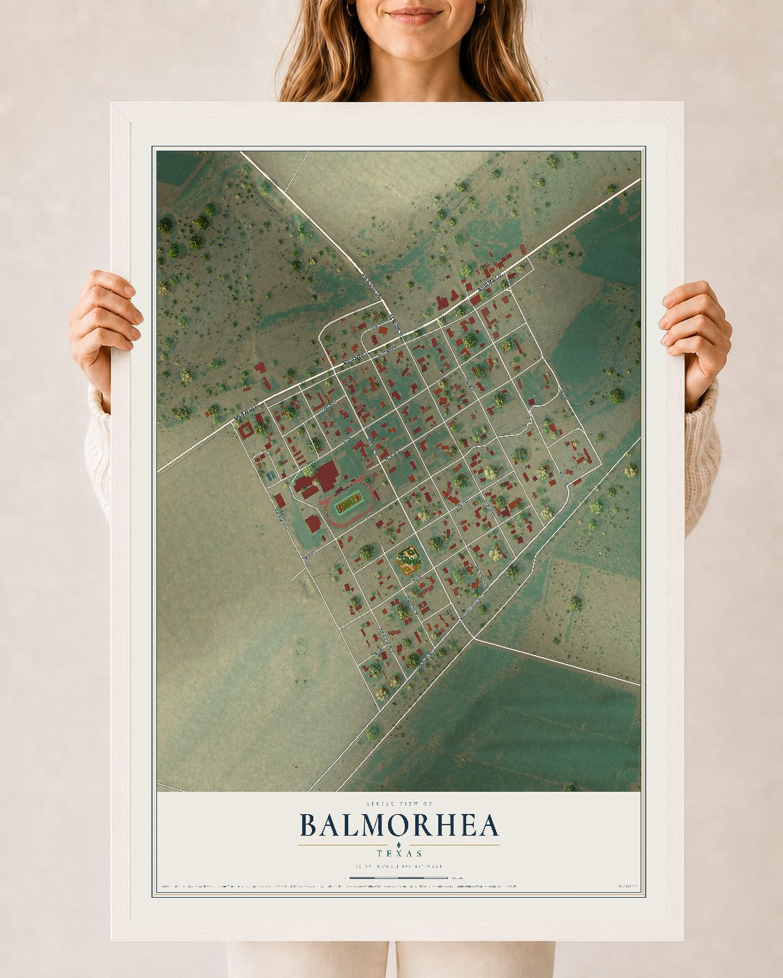 Map of Balmorhea, Texas, 24 x 36 inch print in a white wood frame