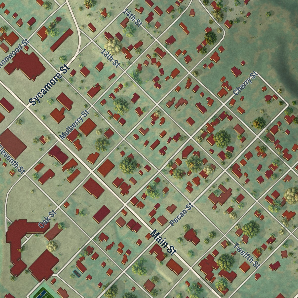 Close-up of the map of Bandera, Texas print showing street and building detail