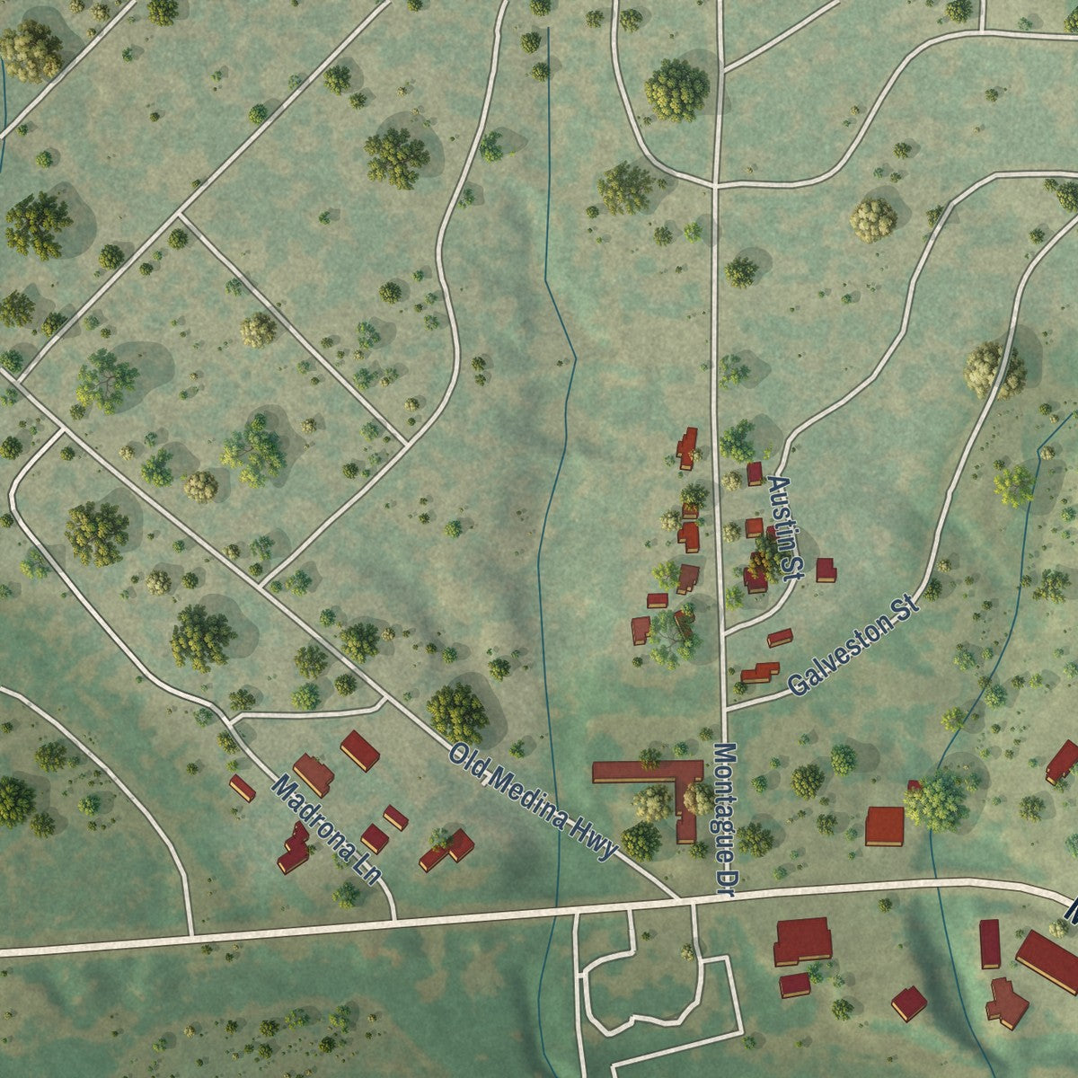 Second close-up of the map of Bandera, Texas print showing more streets and buildings