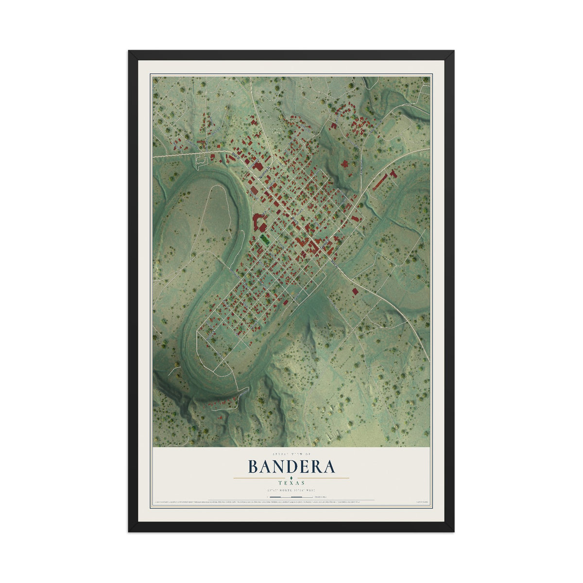 Map of Bandera, Texas, 12 x 18 inch print in a black wood frame