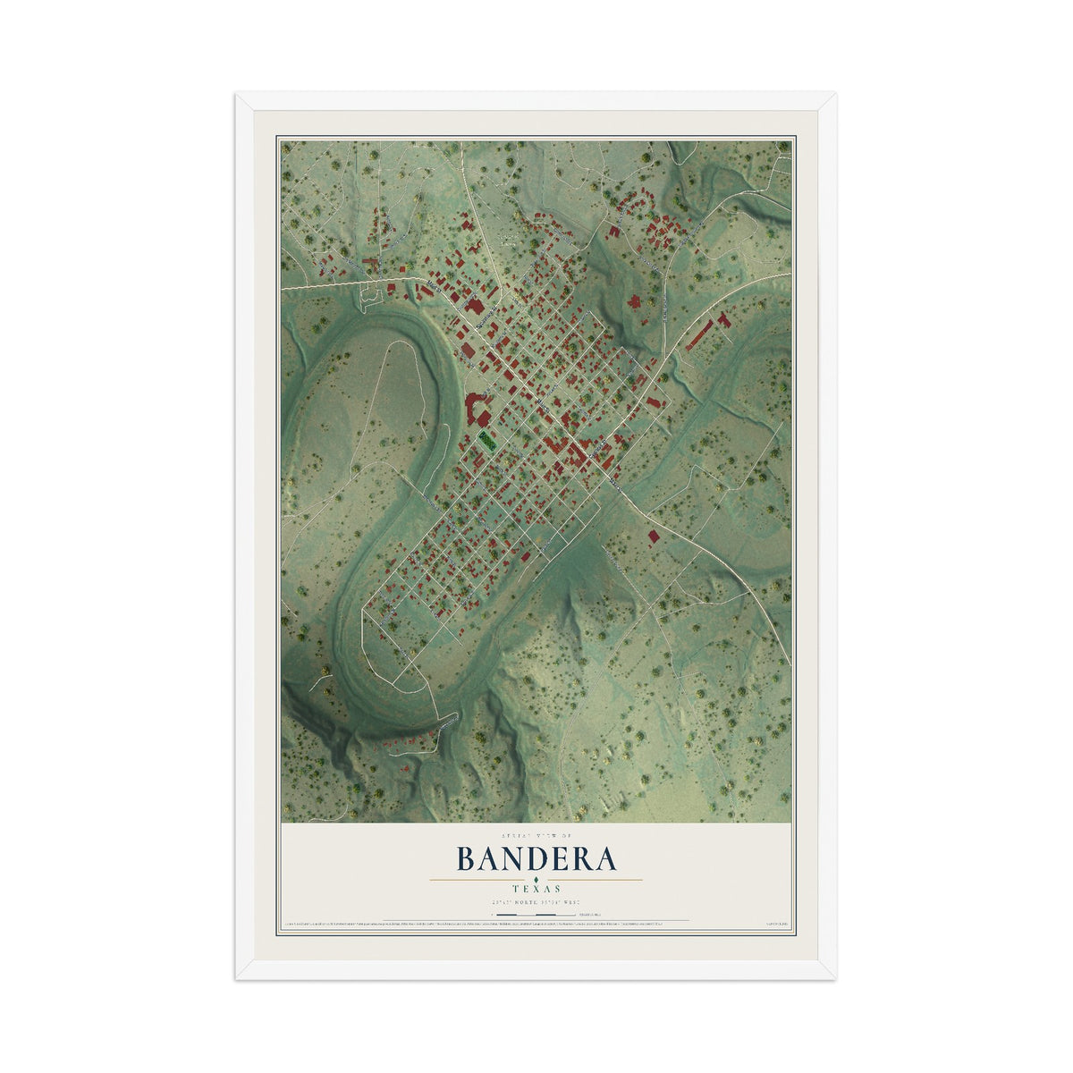 Map of Bandera, Texas, 12 x 18 inch print in a white wood frame