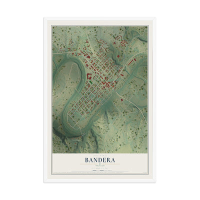 Map of Bandera, Texas, 12 x 18 inch print in a white wood frame
