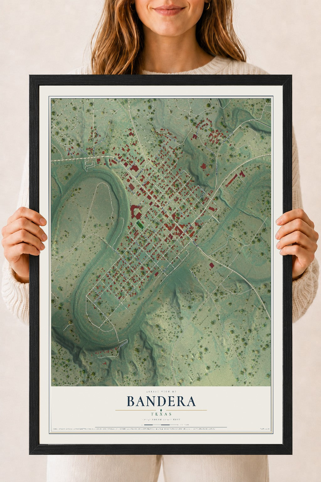 Map of Bandera, Texas, 18 x 24 inch print in a black wood frame