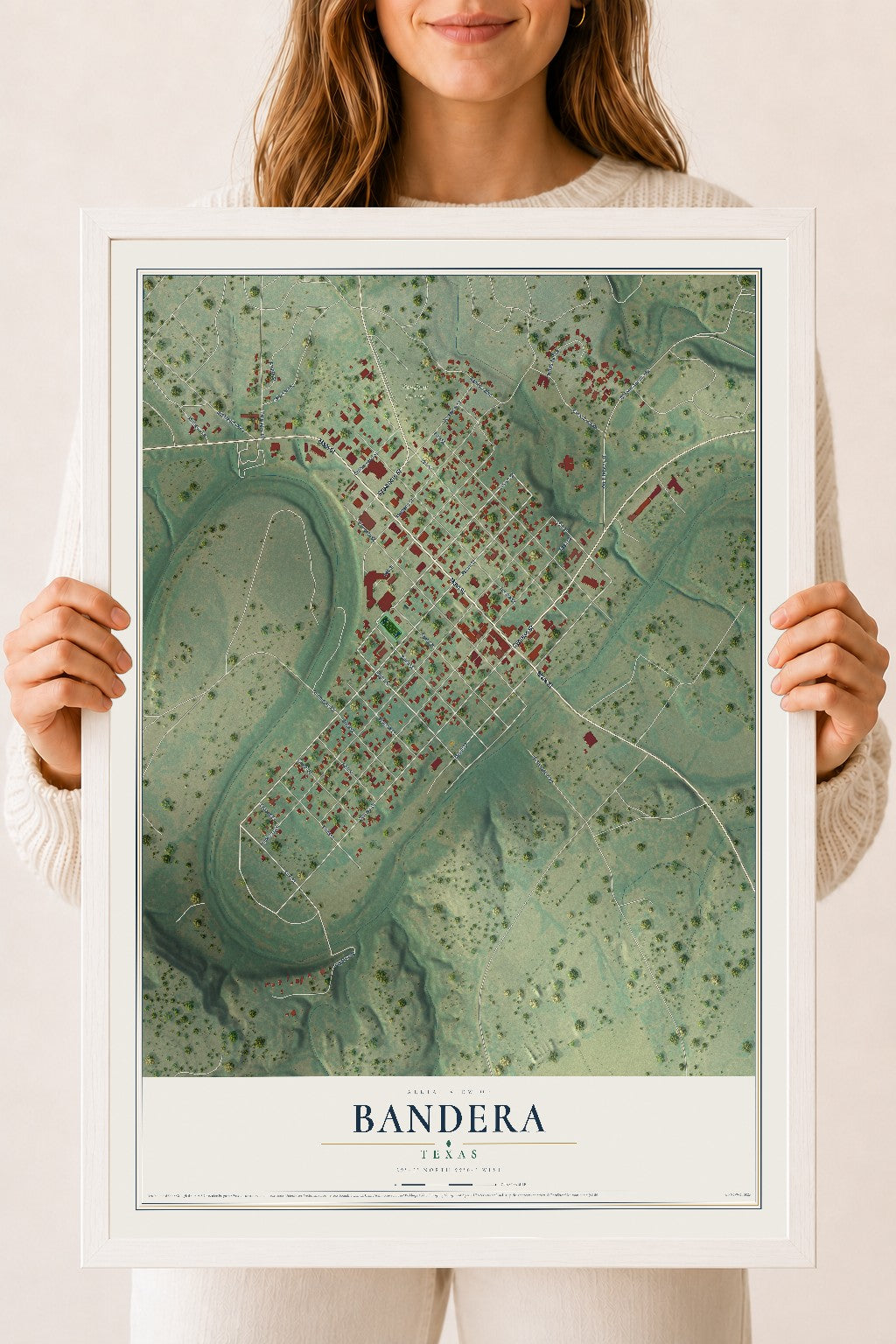 Map of Bandera, Texas, 18 x 24 inch print in a white wood frame