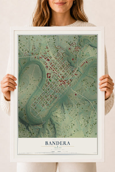 Map of Bandera, Texas, 18 x 24 inch print in a white wood frame