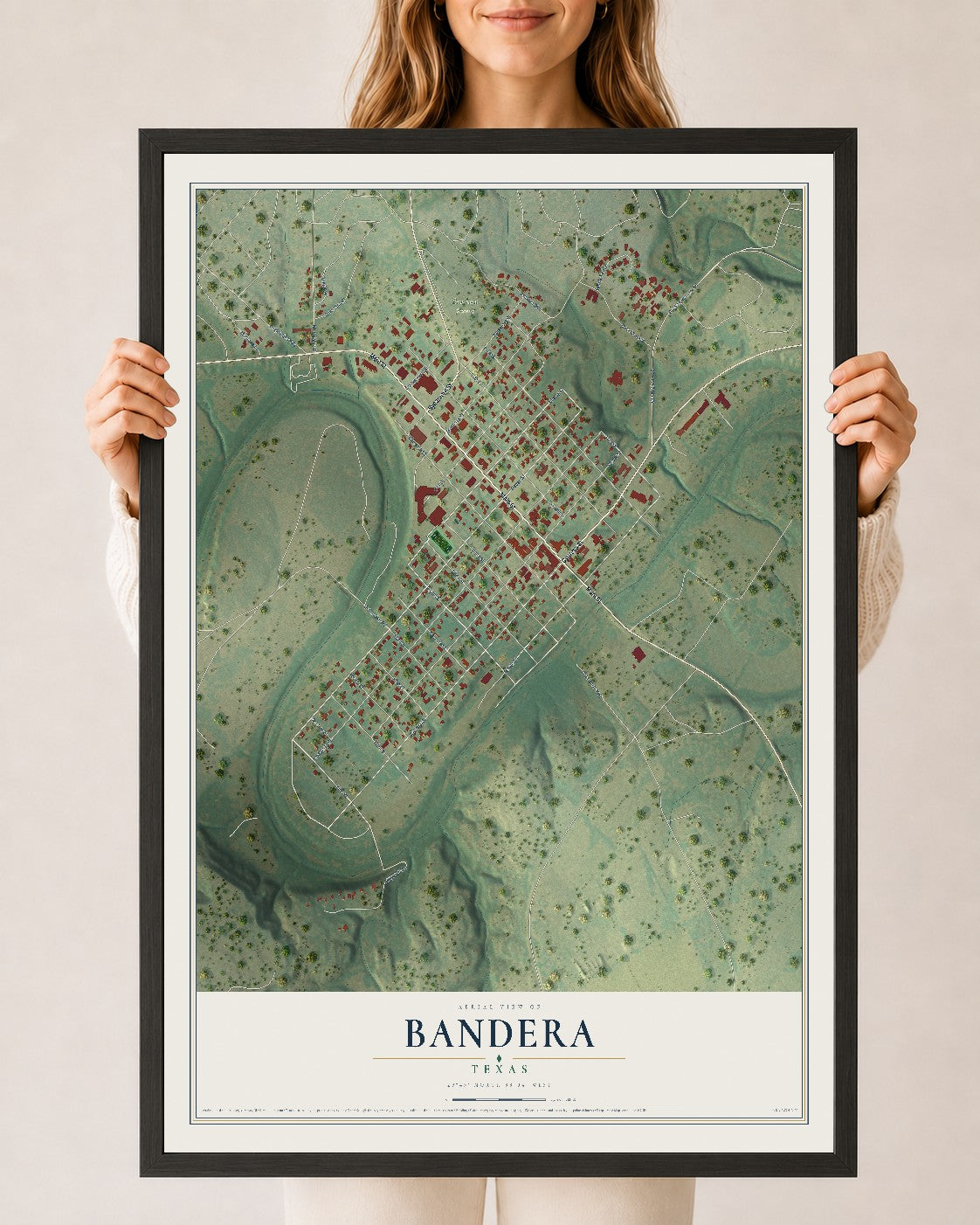 Map of Bandera, Texas, 24 x 36 inch print in a black wood frame