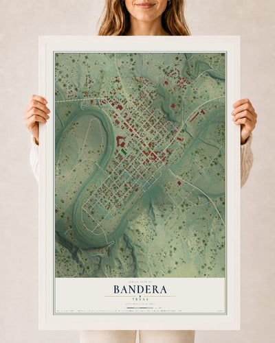 Map of Bandera, Texas, 24 x 36 inch print in a white wood frame