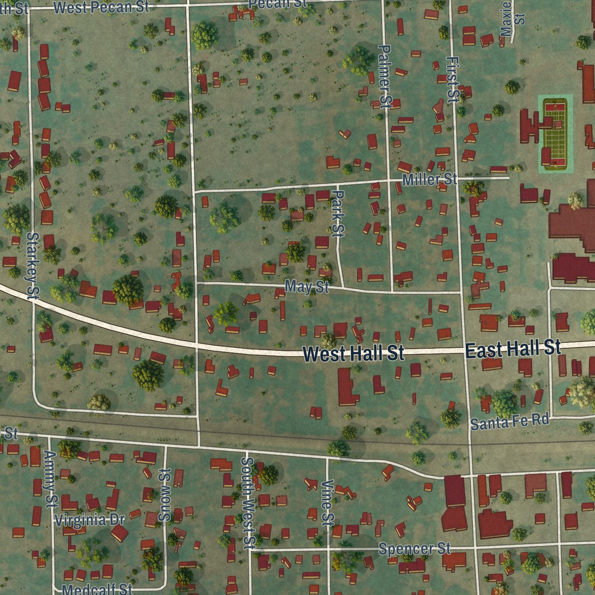 Close-up of the map of Bangs, Texas print showing street and building detail