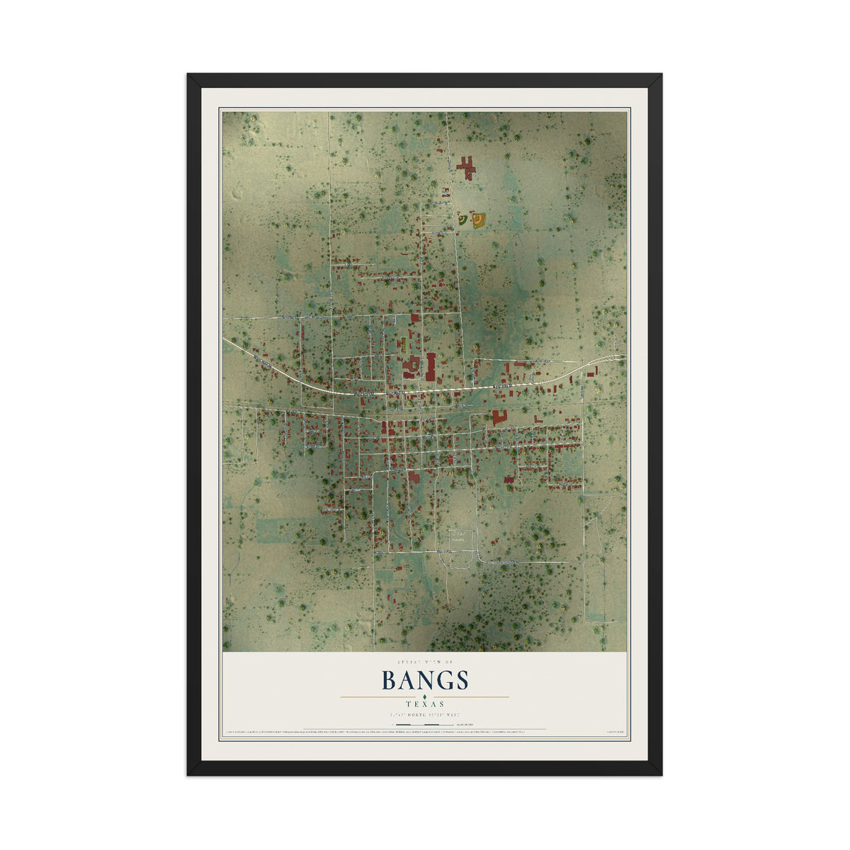 Map of Bangs, Texas, 12 x 18 inch print in a black wood frame