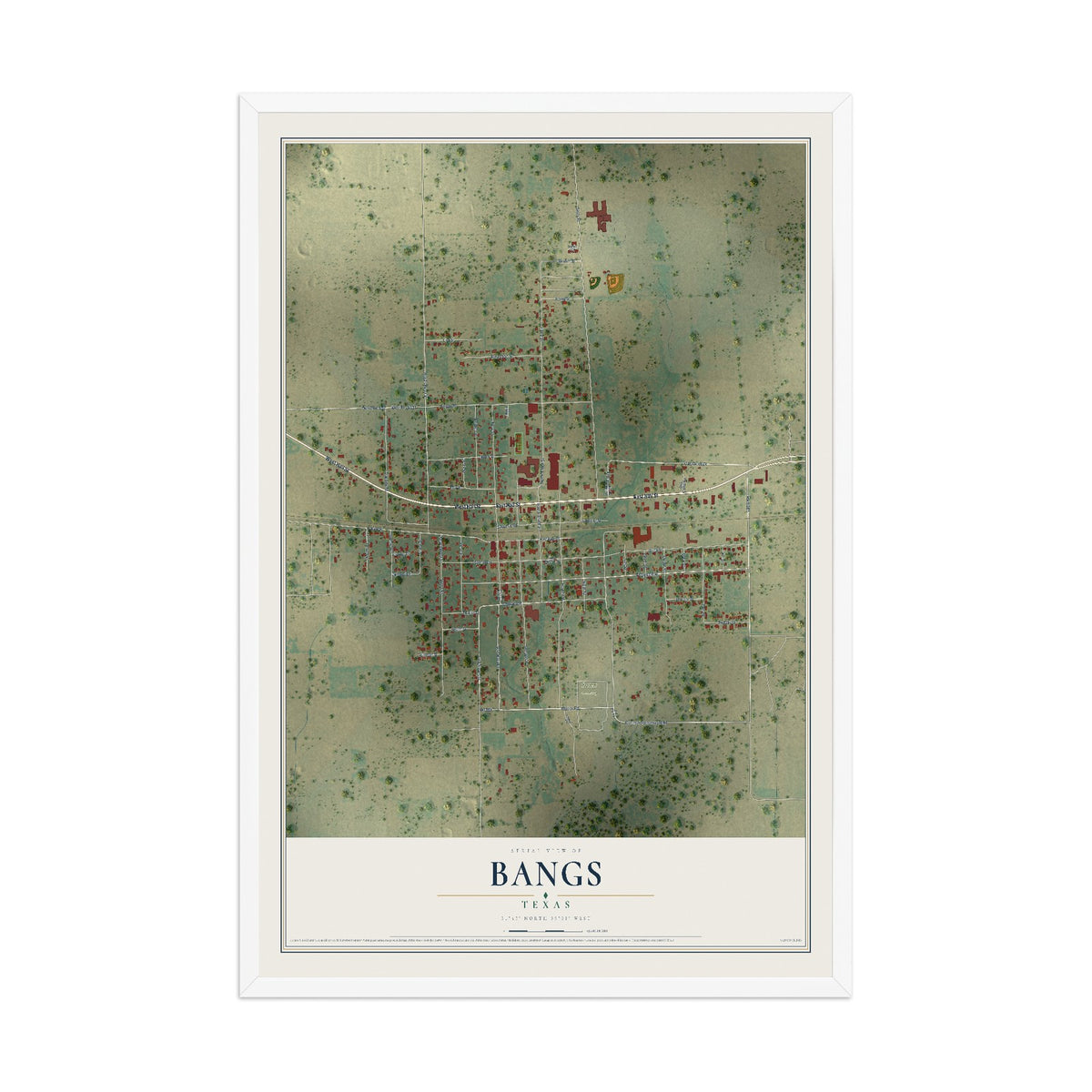Map of Bangs, Texas, 12 x 18 inch print in a white wood frame