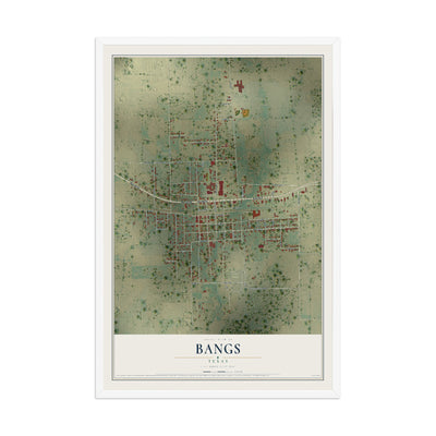 Map of Bangs, Texas, 12 x 18 inch print in a white wood frame