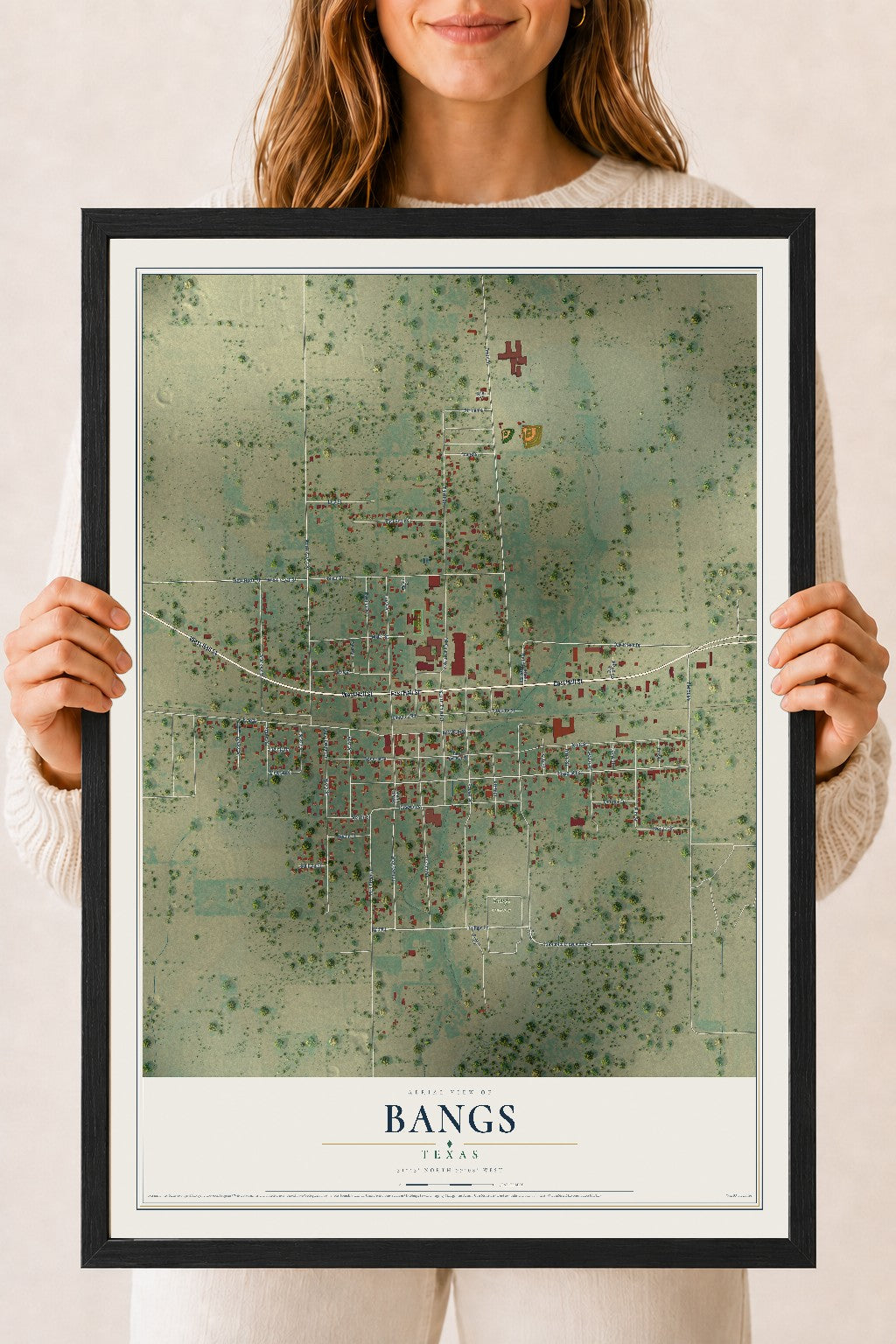 Map of Bangs, Texas, 18 x 24 inch print in a black wood frame