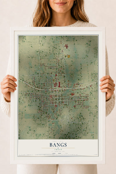 Map of Bangs, Texas, 18 x 24 inch print in a white wood frame
