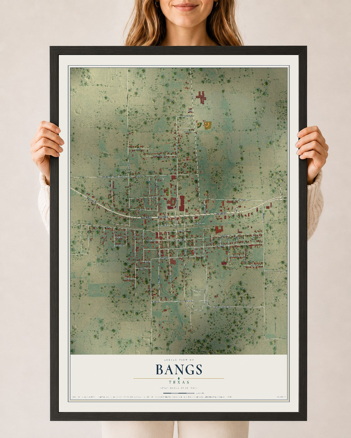 Map of Bangs, Texas, 24 x 36 inch print in a black wood frame