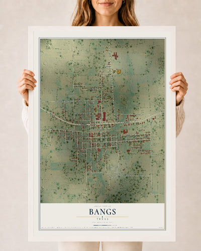 Map of Bangs, Texas, 24 x 36 inch print in a white wood frame