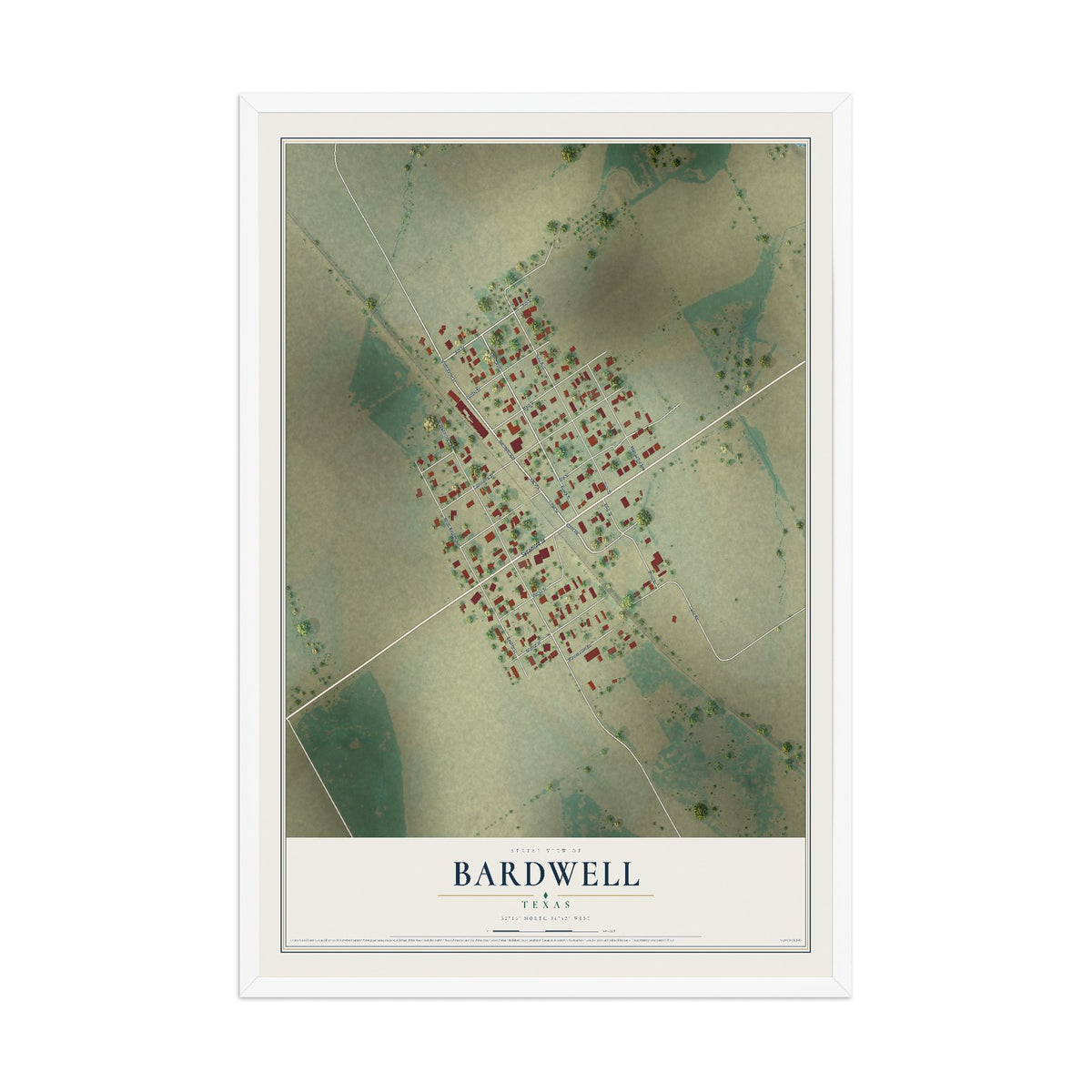 Map of Bardwell, Texas, 12 x 18 inch print in a white wood frame