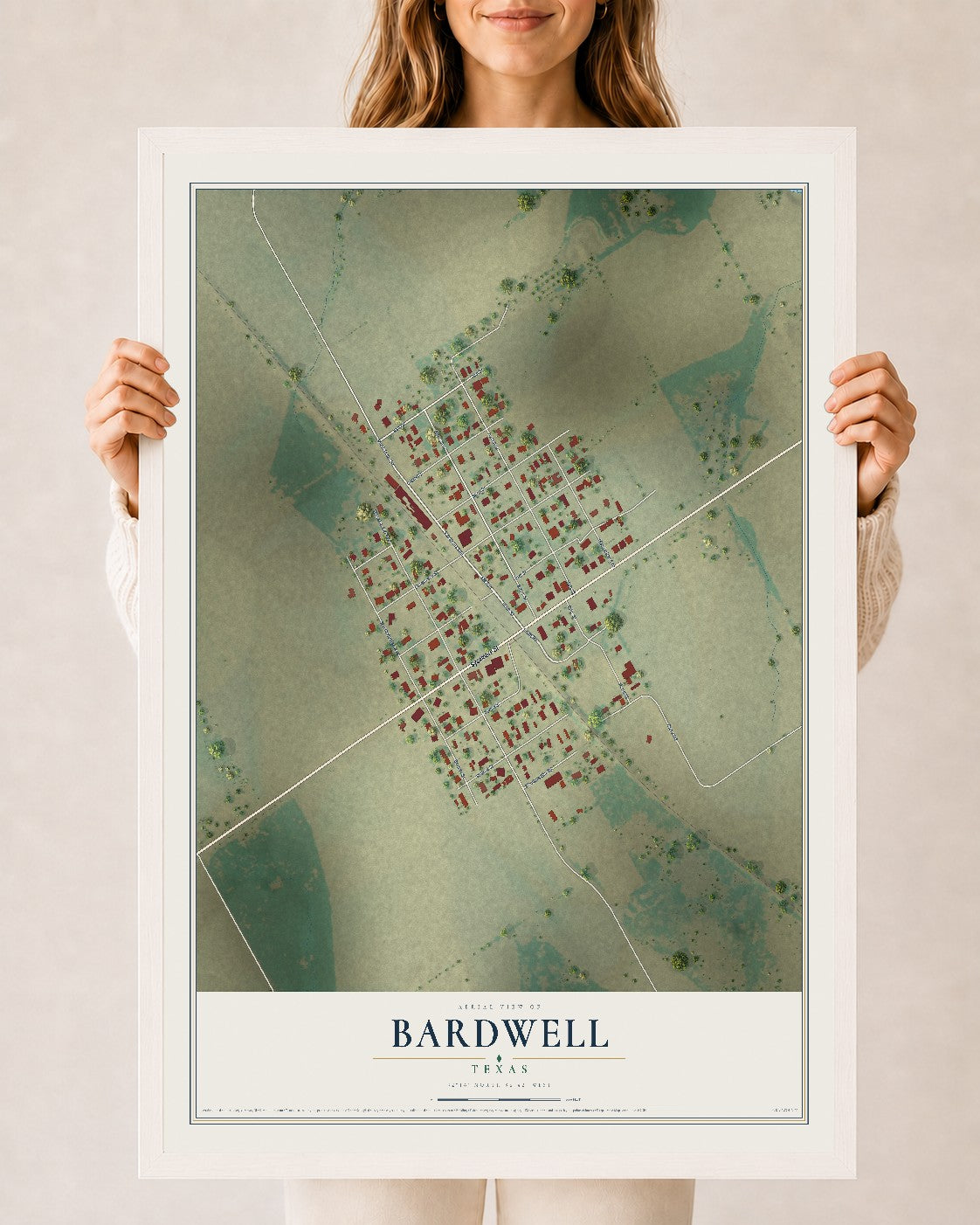 Map of Bardwell, Texas, 24 x 36 inch print in a white wood frame