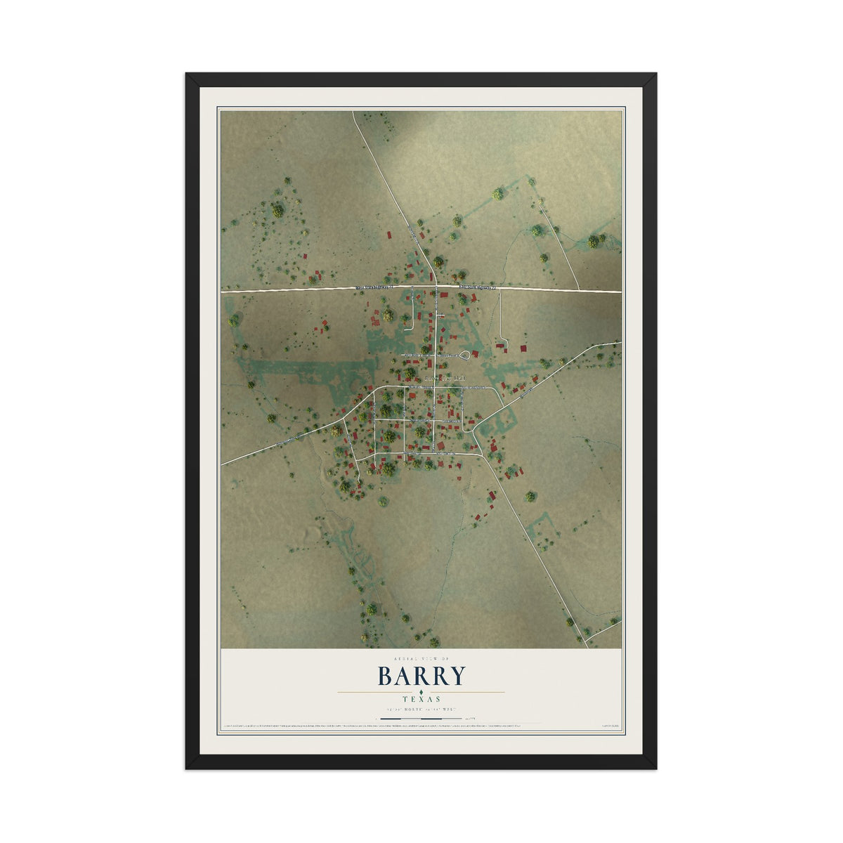 Map of Barry, Texas, 12 x 18 inch print in a black wood frame